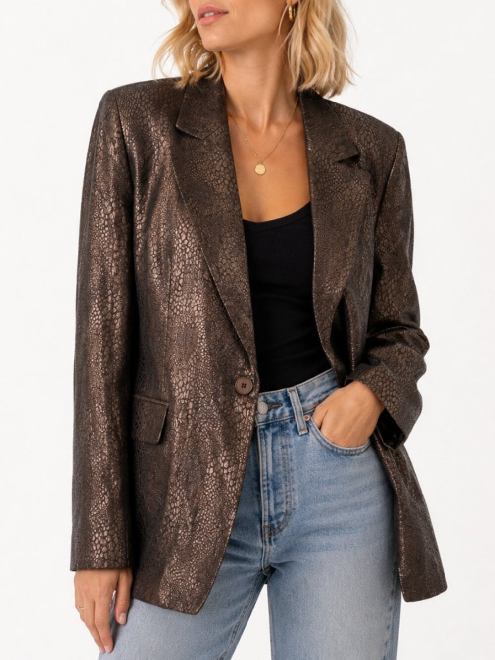 Vintage Linda Allard Ellen Tracy Bronze Metallic Textured Blazer Size 14